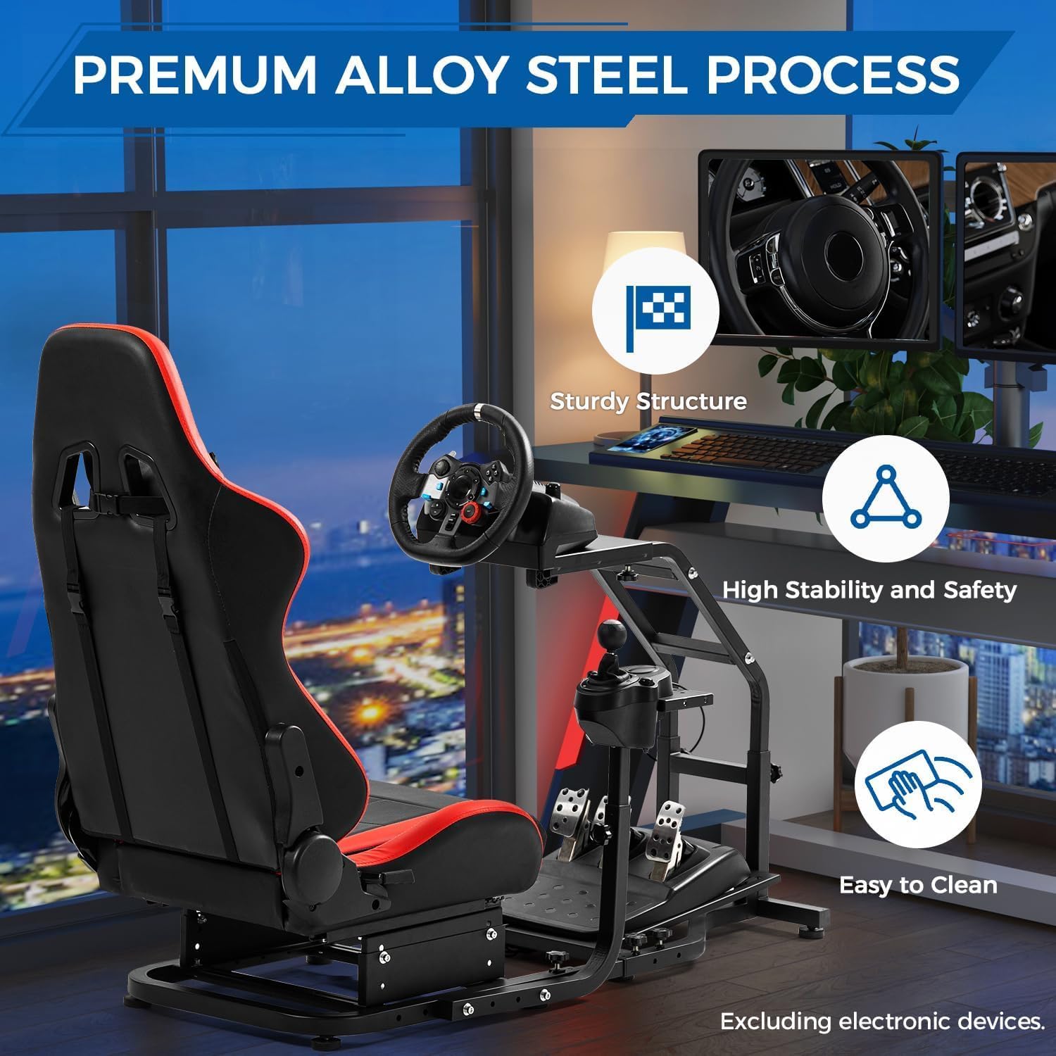 Hottoby Adjustable Sim Driving Simulator Cockpit with Red Seat Fit for Logitech G29 G920 G923,for Thrustmaster T300RS,Unobstructed Design for Both Legs Gaming Stand,No Steering Wheel,Handbrake & Pedal