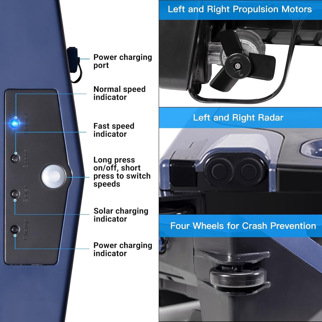 Automatic Solar Robotic Pool Cleaner - Auto Avoidance & Escape Function + 2 Cleaning Modes + Brushless Motors, Cordless Pool Skimmer for Cleaning Pools up to 80m²