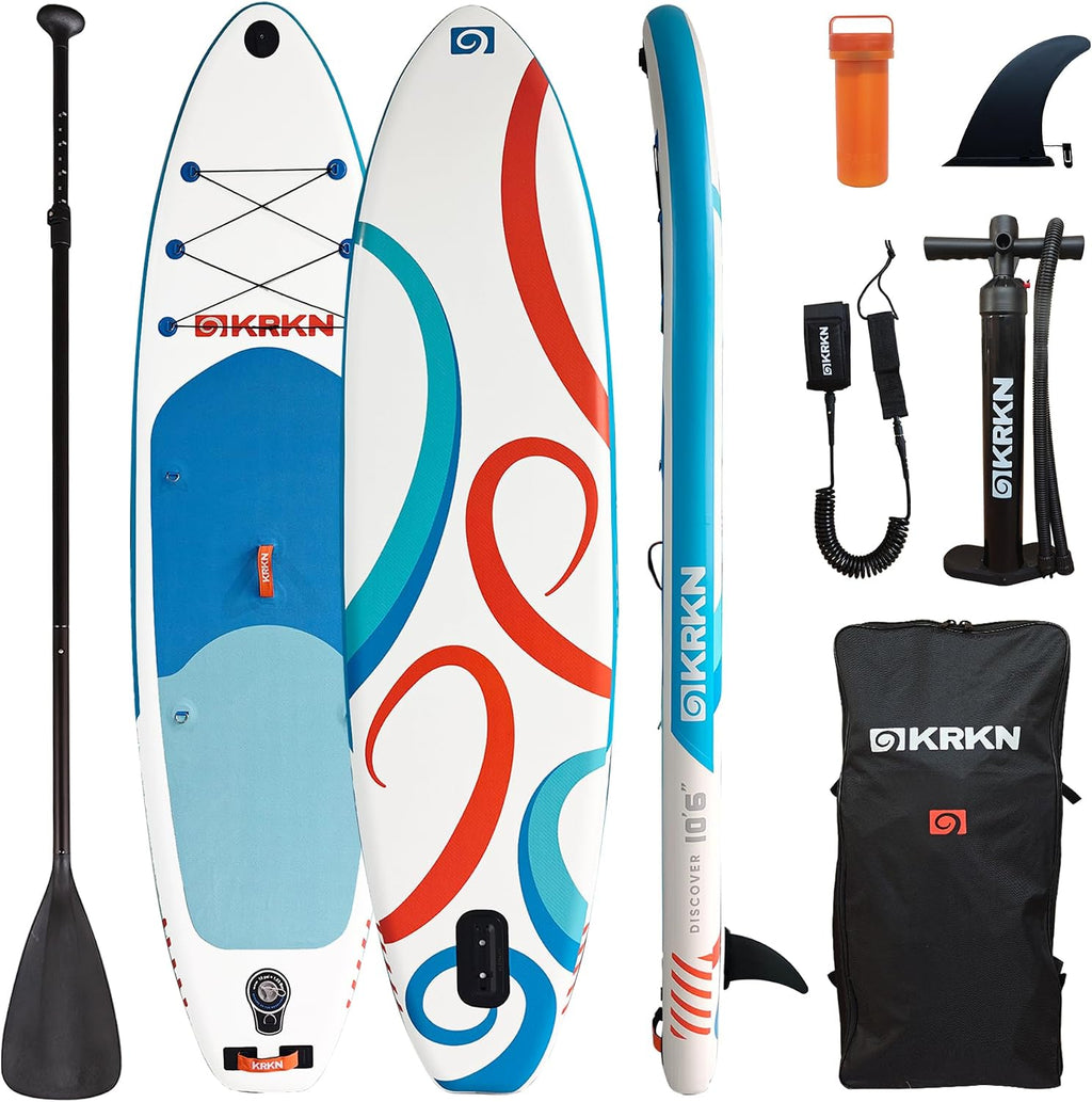 KRKN Discover 10'6' Stand Up Paddle Board, Inflatable SUP with Premium Accessories, Non-Slip Deck, Adjustable Paddle, Camera Seat & Backpack for All Skill Levels