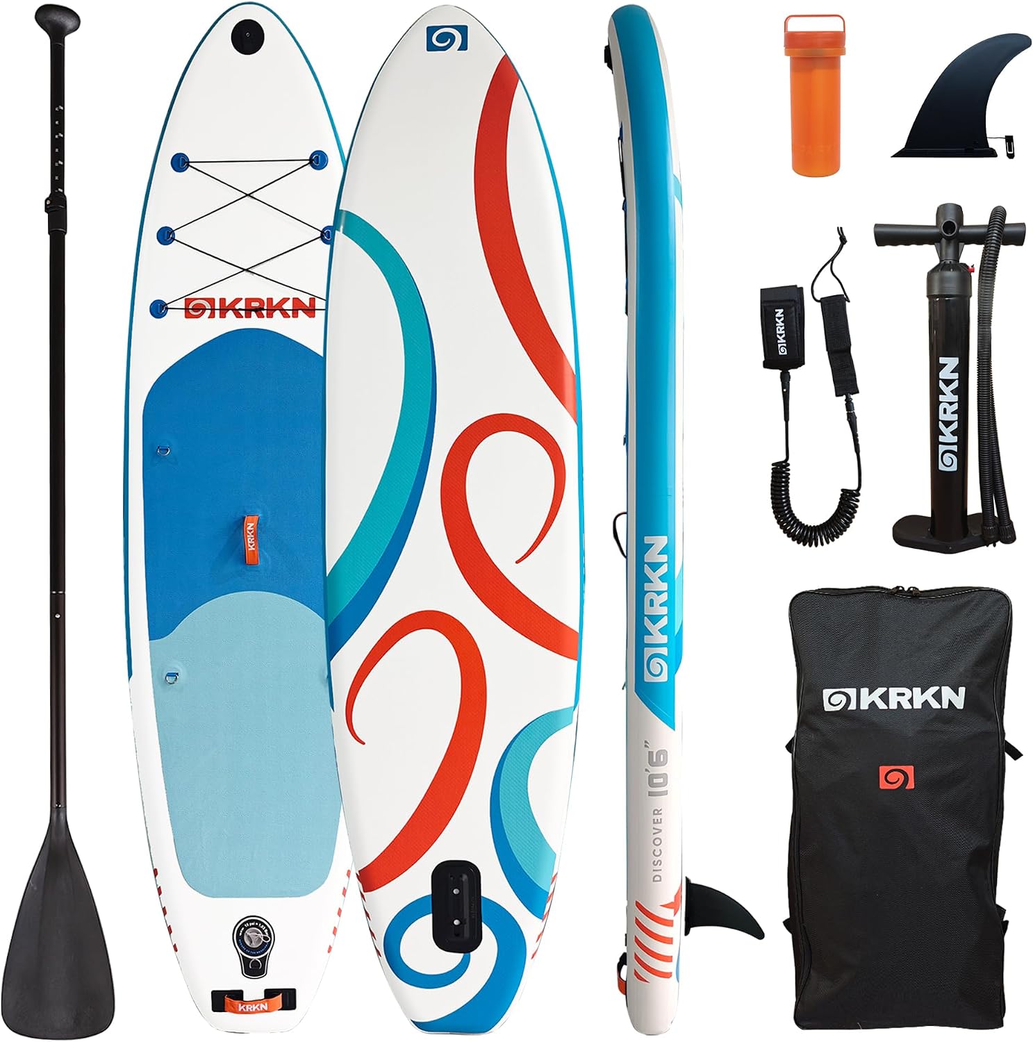KRKN Discover 10'6' Stand Up Paddle Board, Inflatable SUP with Premium Accessories, Non-Slip Deck, Adjustable Paddle, Camera Seat & Backpack for All Skill Levels