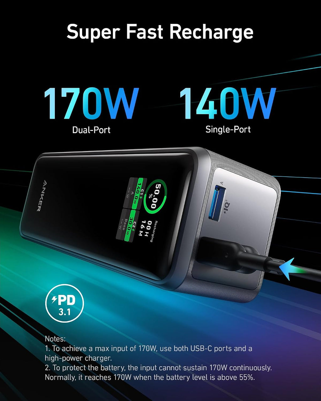 Anker Prime Power Bank, 27,650mAh 3-Port 250W Portable Charger for Travel, TSA-Approved, Smart App, for MacBook Pro/Air, iPhone 16/15/14 Series, Samsung, Laptops, and More (Charging Base Not Included)