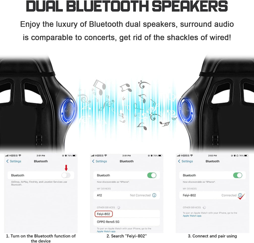 Video Game Chairs with Footrest,Gaming Chair with Bluetooth Speakers - Lumbar Support Ergonomic High Back Computer Chair 60° Swivel RGB Gaming Racing Chair for Gaming,Black