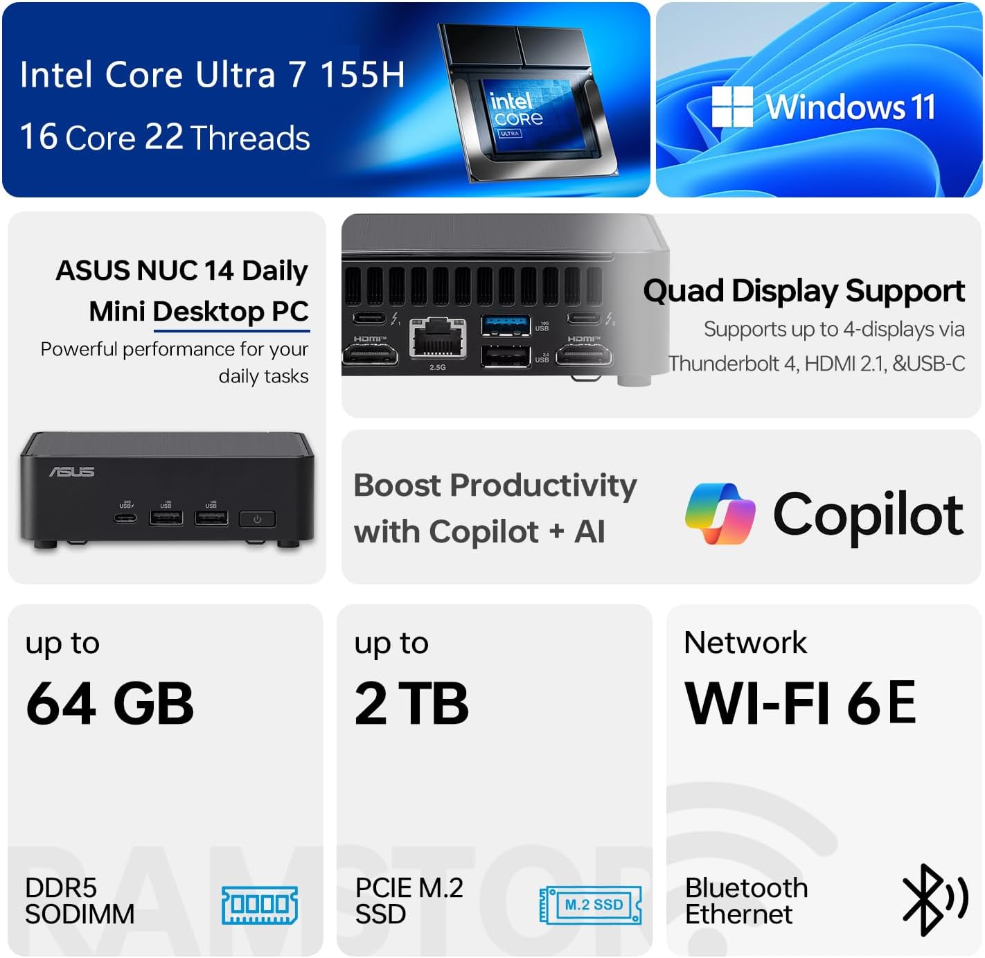 ASUS NUC 14 Pro Mini Desktop, Intel 16-Core Ultra 7 155H, 16GB DDR5, 1TB SSD, Wi-Fi 6E, Support 4-Display 4K, Thunderbolt 4, HDMI, Bluetooth, Windows 11 Pro, Black, AI PC for Home/Business/Gaming