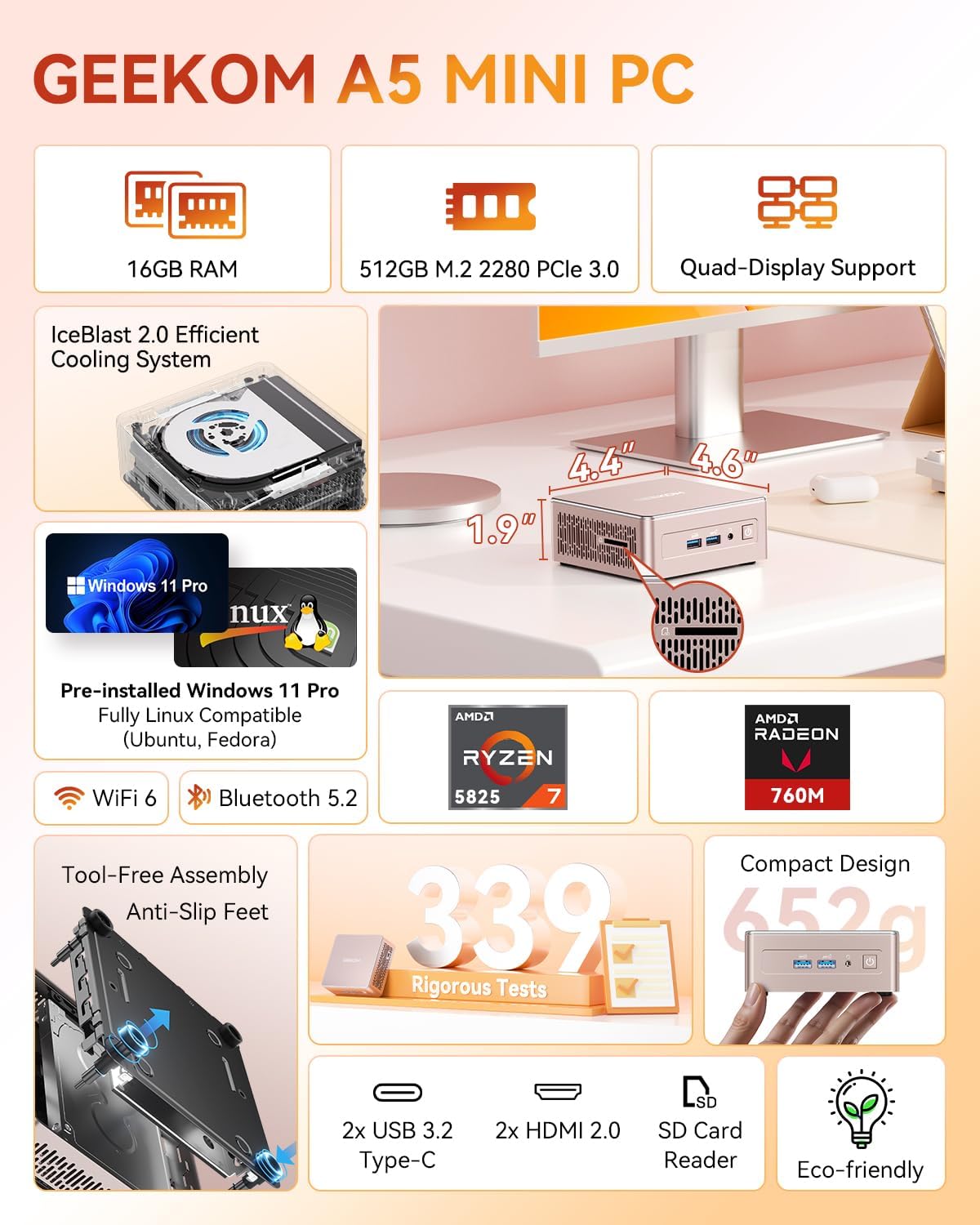 GEEKOM [Designed Bulk Orders] A5 Mini PC 2026 with AMD Ryzen 7 5825U, 16GB DDR4, 512GB NVMe SSD, 2.5' SATA HDD, Radeon Vega 8 Graphics, Windows 11 Pro, 8K Quad Display, Dual HDMI, SD 4.0 Slot