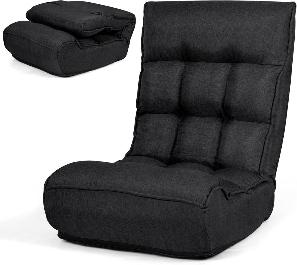 MAT EXPERT Folding Floor Chair, Floor Gaming Chair w/ 4-Position Backrest, 5-Position Adjustable Headrest, Side Pocket, Indoor Floor Chair w/Back Support for Bedroom, Living Room (Black)