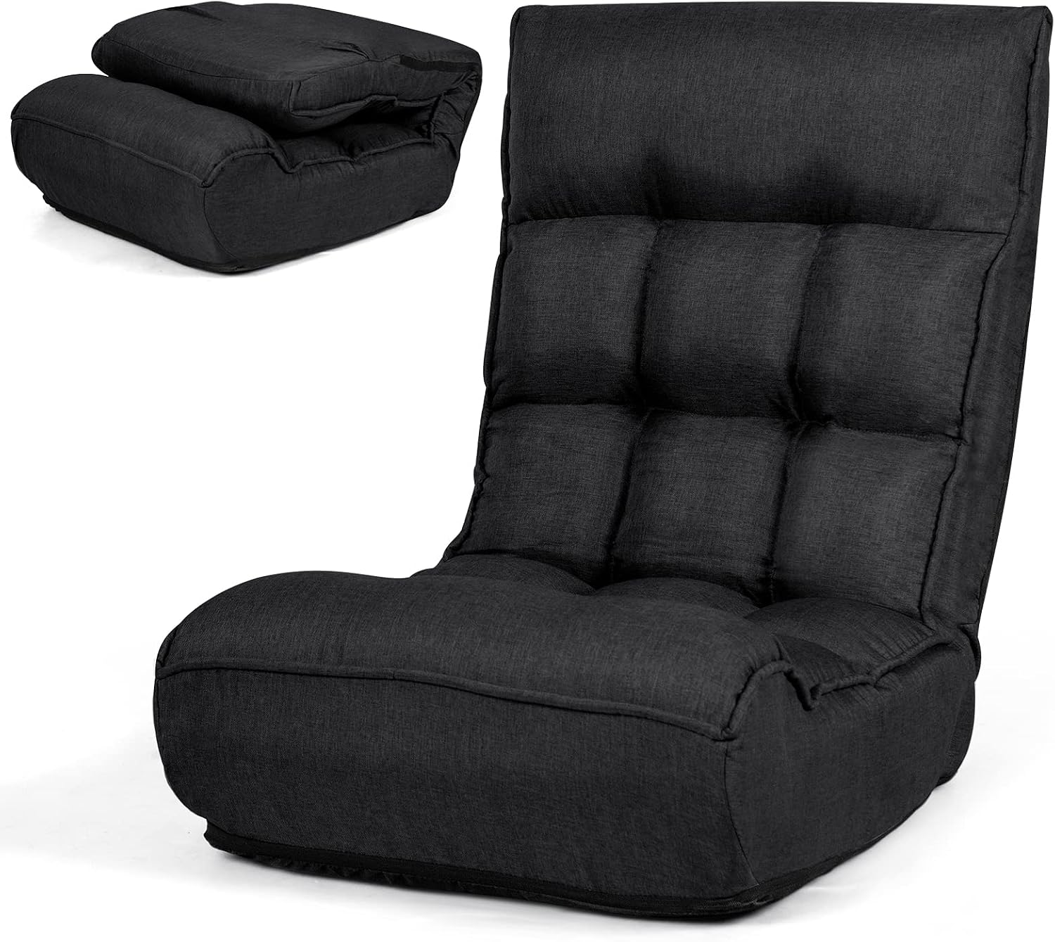 MAT EXPERT Folding Floor Chair, Floor Gaming Chair w/ 4-Position Backrest, 5-Position Adjustable Headrest, Side Pocket, Indoor Floor Chair w/Back Support for Bedroom, Living Room (Black)