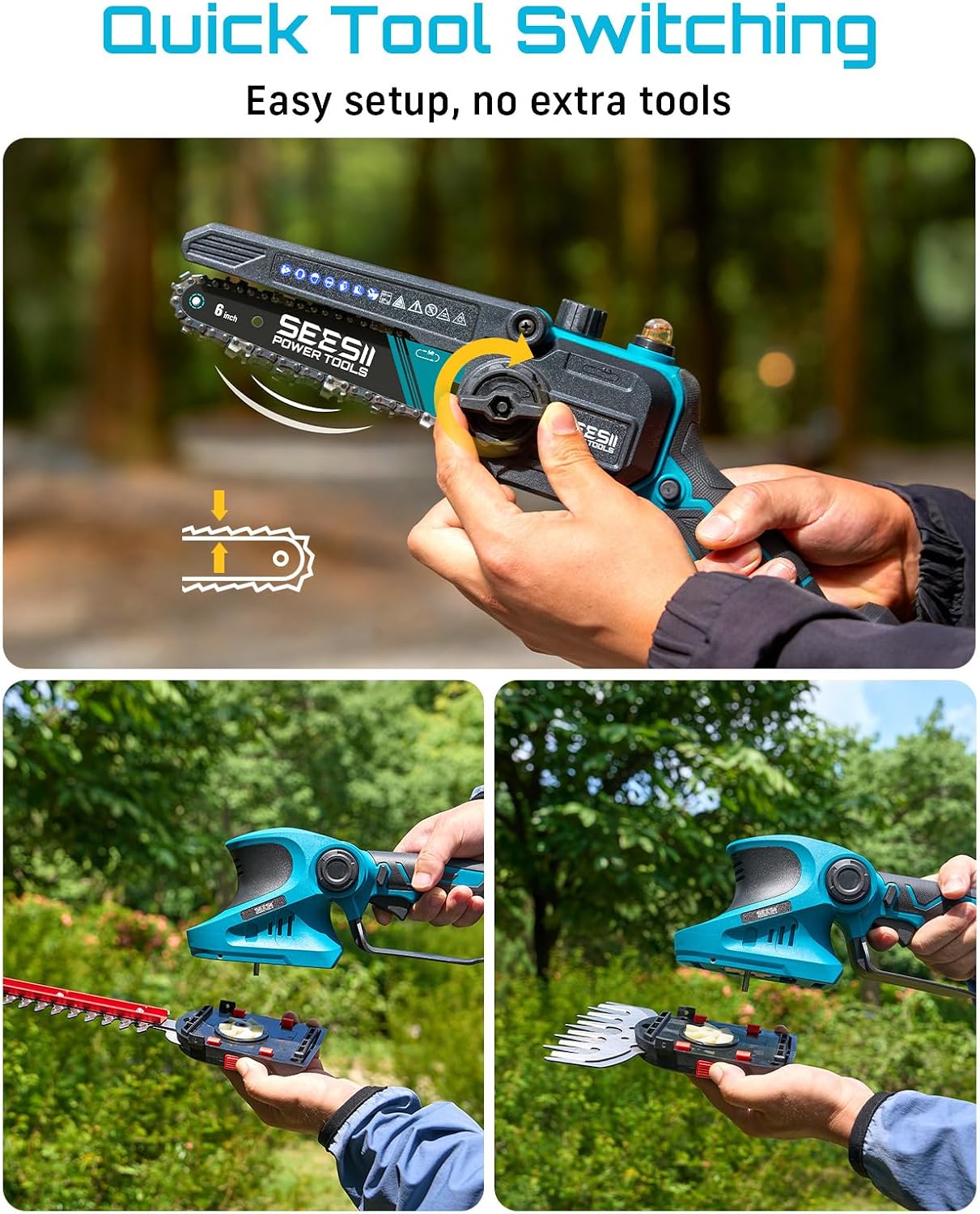 SEESII Cordless Pole Chainsaw, Hedge Trimmer, Pruning Shears, 4000mAh Battery Powered Extendable Garden Tool Kit for Outdoor Use, Electric Long Reach Saw, Hedge and Grass Trimmer, Pruner for Yard Care
