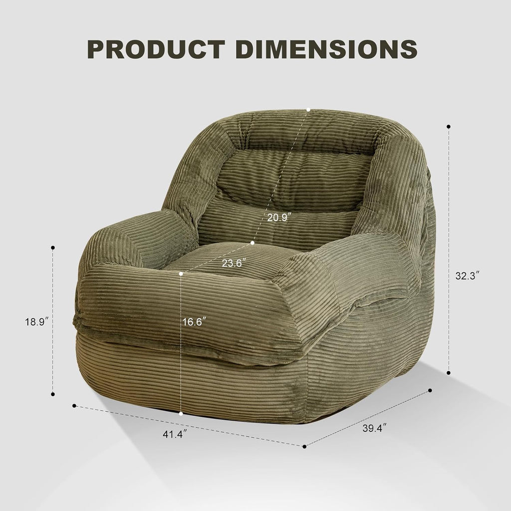 Giant Bean Bag Chair with Armrests - Oversized Cozy Seating for Adults, Corduroy Fabric & High-Resilience Foam Filling, Ideal Lounge for Living Room, Bedroom & Gaming Room (Olive Green)