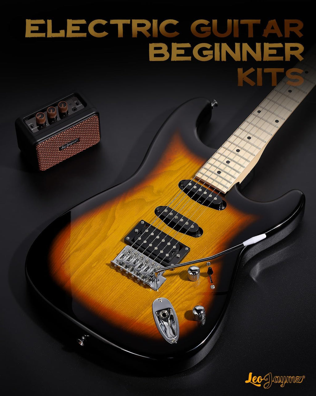 Leo Jaymz 39 Inch Full Size Electric Guitar Kit Electric Guitar Beginner Kits - Portable Amp, Digital Tuner, Gig Bag, Strap, Cable (Sunburst)