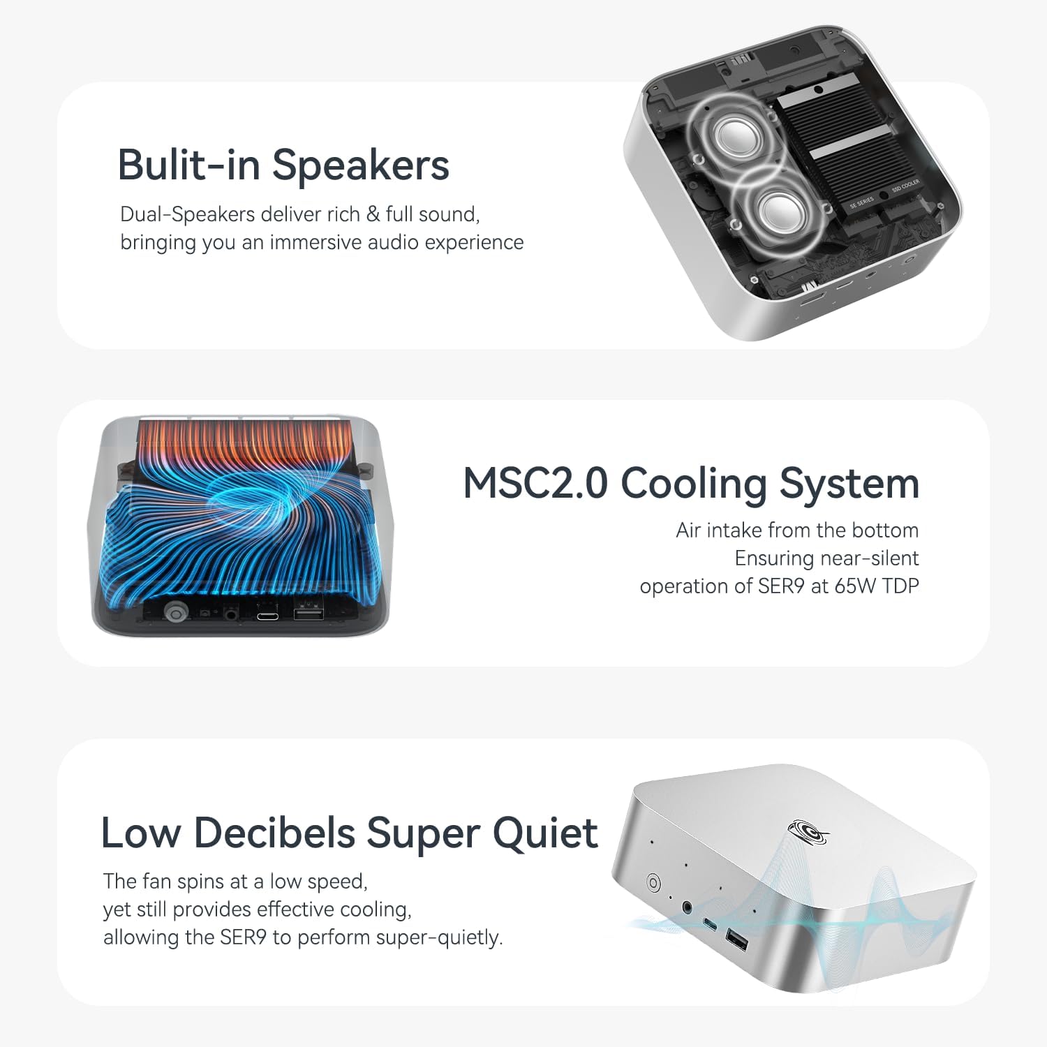 Beelink SER9 Pro Mini Desktop PC with AMD Ryzen AI 9 HX 370 12C/24T, 32GB LPDDR5X 1TB NVMe M.2 SSD, Triple Display Output, USB4, 2.5G RJ45, Bluetooth 5.2 W-11 Mini Gaming Computer(Gray/Sliver)