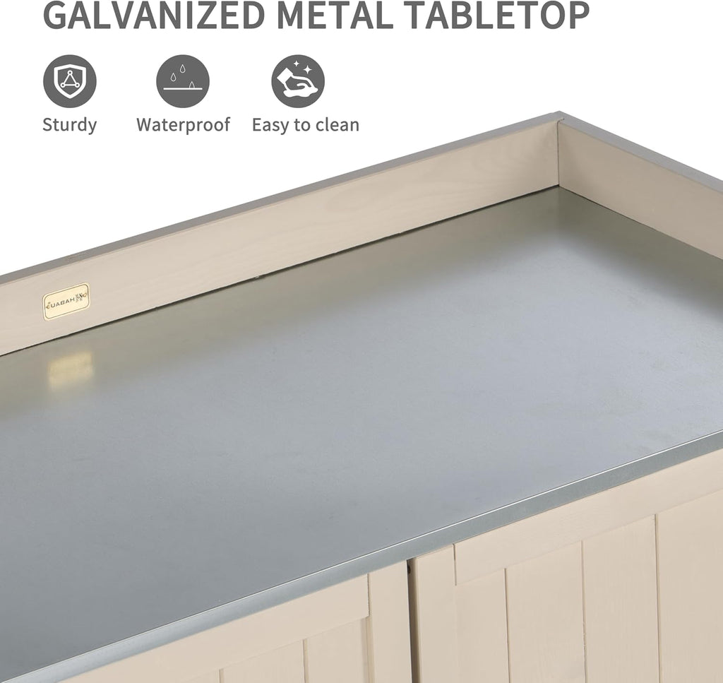 HABAU Outdoor Storage Cabinet with Potting Bench & Metal Tabletop, Wooden Planting Workstation for Garden Patio, Weatherproof