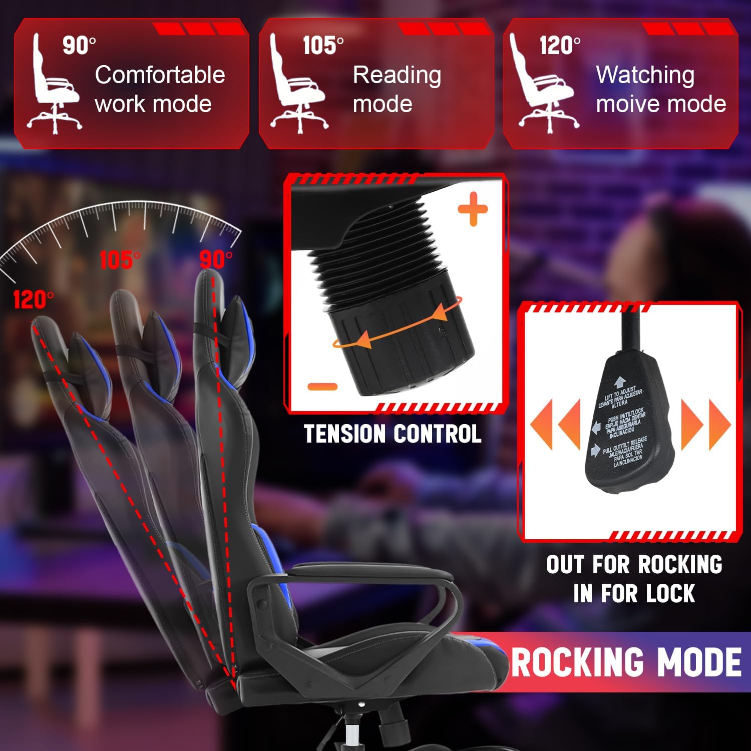 Dopinmin PU Leather Ergonomic Gaming Chair Esports Computer Chair Boss Chair with Lumbar Cushion and Retractable Footrest Video Game Chair for Streaming,Blue