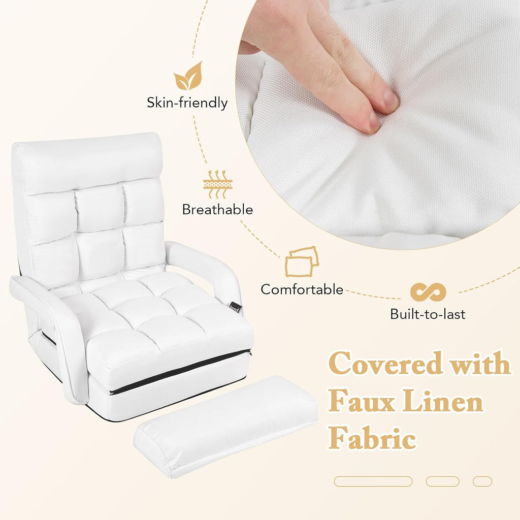 KOMFOTT Foldable Floor Lazy Sofa Chair, Indoor Chaise Lounge Chair with 6 Positions Adjustable Backrest, Detachable Seat Cushion, Armrests & Pillow, Cozy Floor Chair for Living Room, Bedroom (White)