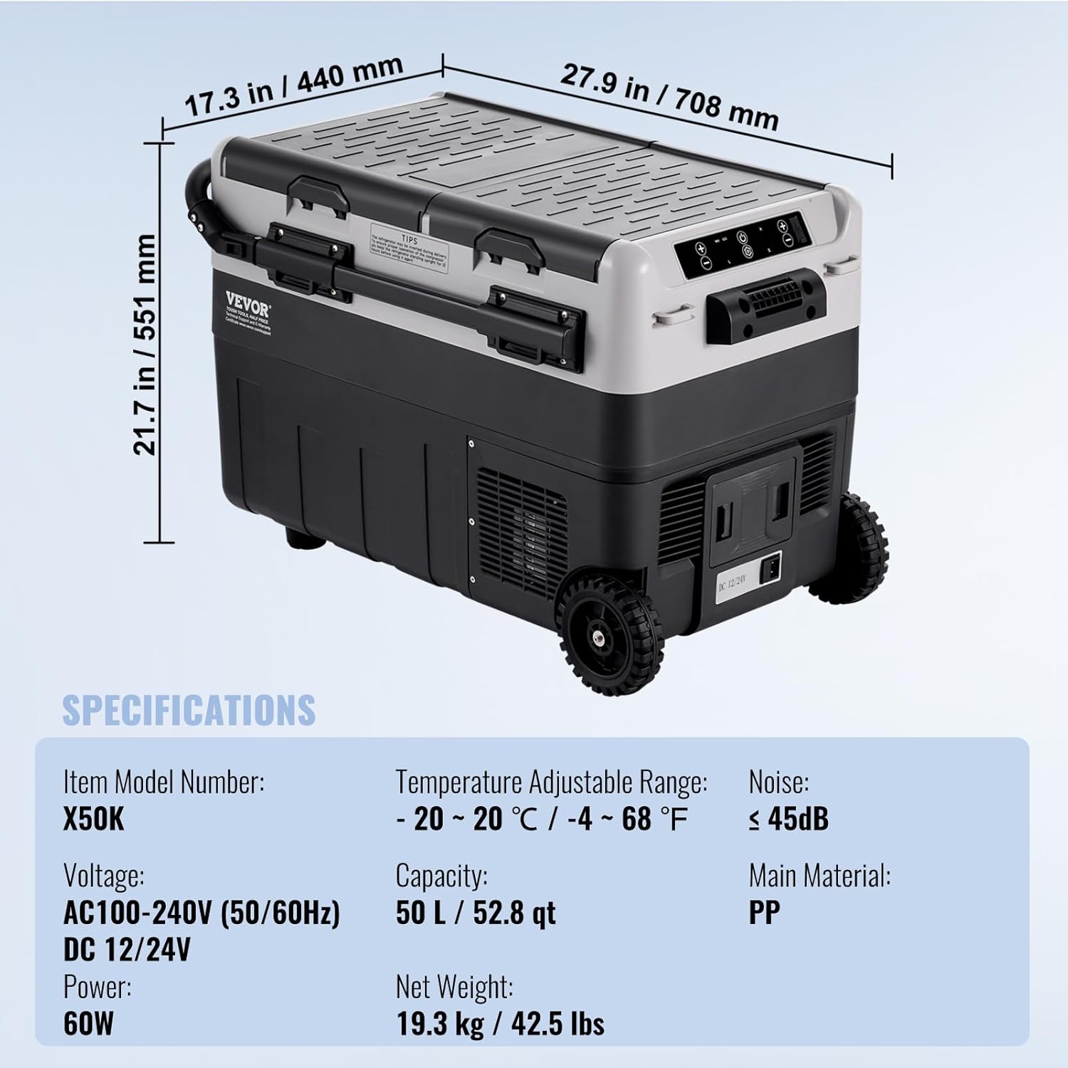 VEVOR Car Refrigerator 50L / 52.8 QT, Dual Zone 12 Volt Compressor Fridge, -4℉ to 68℉ Adjustable, Portable Freezer Cooler for Car, RV, Camping, Home