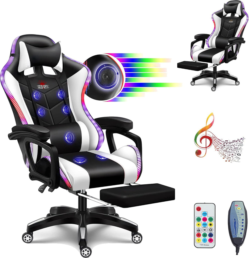 RGB Gaming Chair with Footrest,Gaming Chair with Speakers - with Full Massage Lumbar Support, Ergonomic Desk Computer Chair High Back & Lumbar Support Arms Backrest Adjustable,White