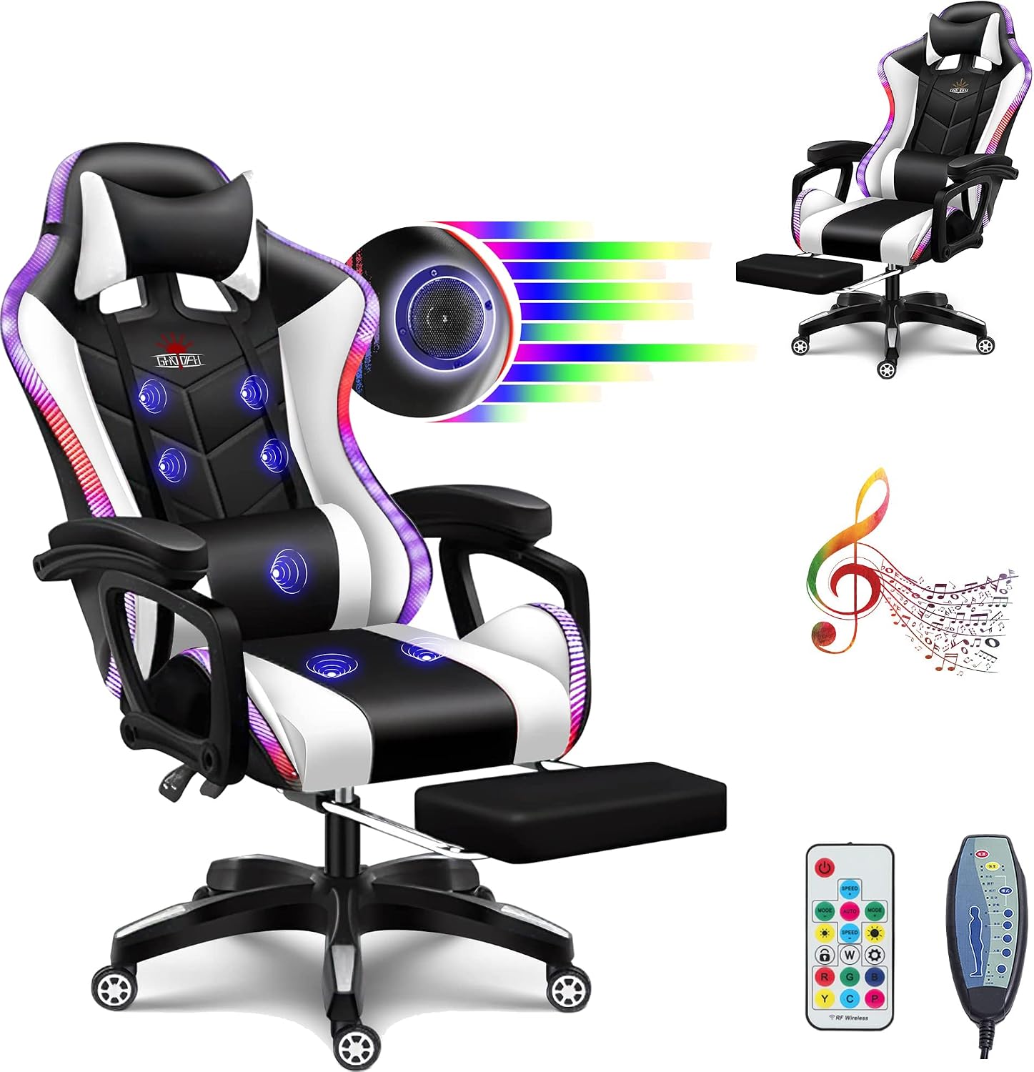 RGB Gaming Chair with Footrest,Gaming Chair with Speakers - with Full Massage Lumbar Support, Ergonomic Desk Computer Chair High Back & Lumbar Support Arms Backrest Adjustable,White