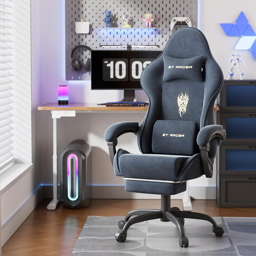 Huracan Velvet Fabric Gaming Chair with Footrest for Adults, Ergonomic Gaming Chairs with Massage Lumbar, Reclining Racing Computer Chair with Spring Cushion for Home Office Video Game, Grey