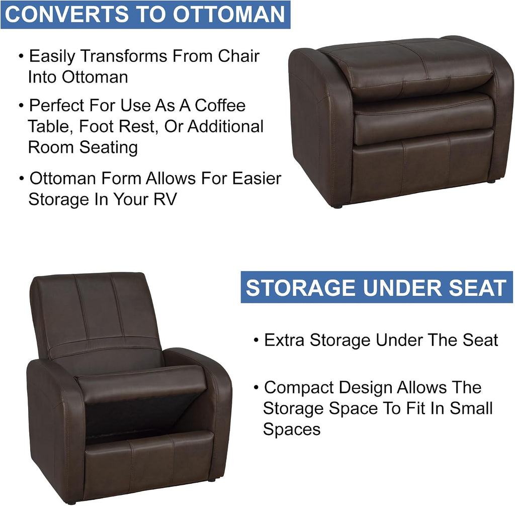 RecPro Charles RV Gaming Chair Ottoman Conversion | Built-in Storage | RV Furniture | Great for Teens | Chestnut