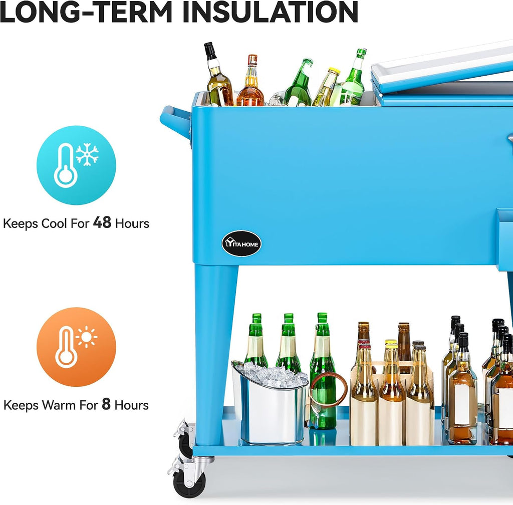 YITAHOME 80 Quart Patio Cooler Cart with Bottle Opener Drainage, Portable Rolling Beverage Cart for Pool Deck Party Cookouts