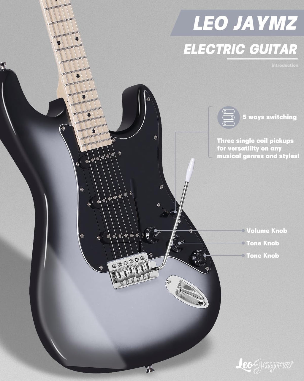 Leo Jaymz 39' Full Size ST Style Electric Guitar Starter Kit with SSS Pickups, 5W Portable Amp, Tuner, Gig Bag, Strap & Accessories(Silver Black 5W)