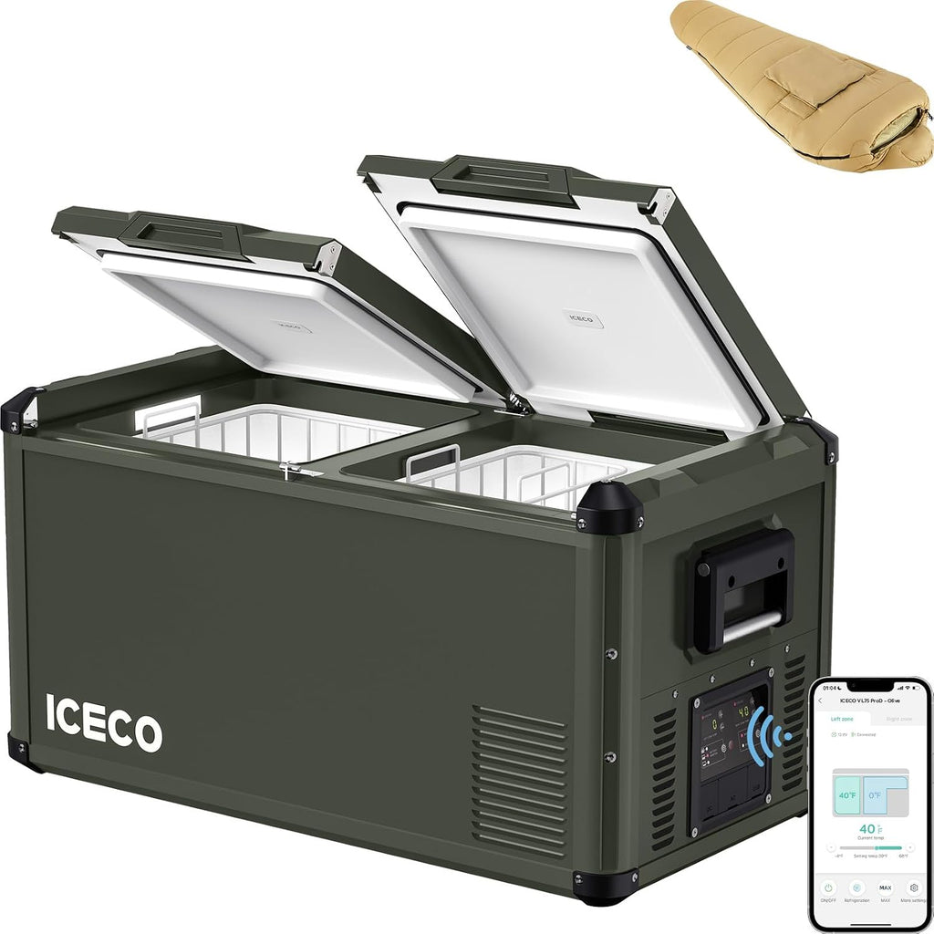 ICECO VL75ProD Portable Freezer for Car, Dual Zone Portable Fridge/Freezer with SECOP, Multi-directional Lid, 0-50°F, Dual USB 12/24VDC&110-240VAC, Car Refrigerator For Car, Home| With Sleeping Bag