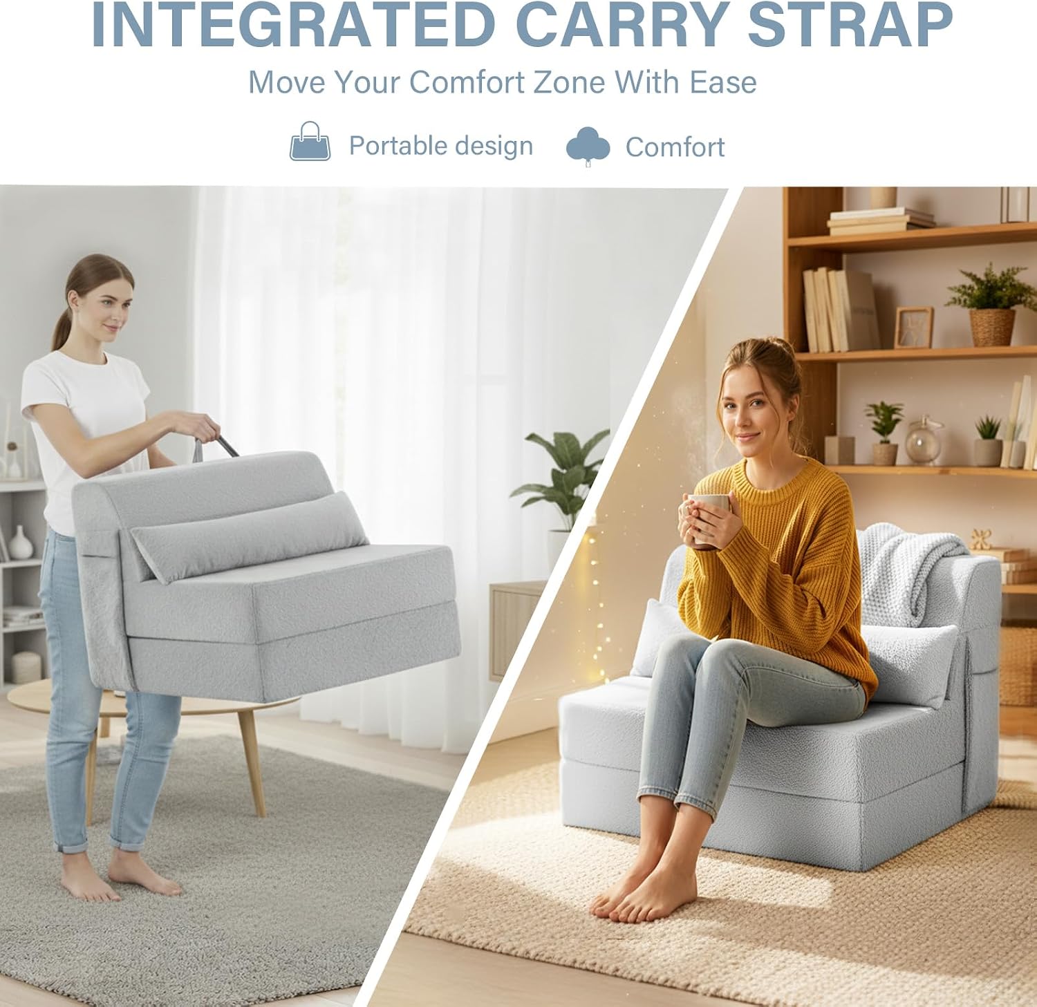Tiita Convertible Folding Sofa Bed Single Size for Adults with Pillow, Plush Fabric Floor Mattress Couch Bed, Washable Cover & Side Pocket, Guest Room, Dorm, Apartment, Living Room, White Gray