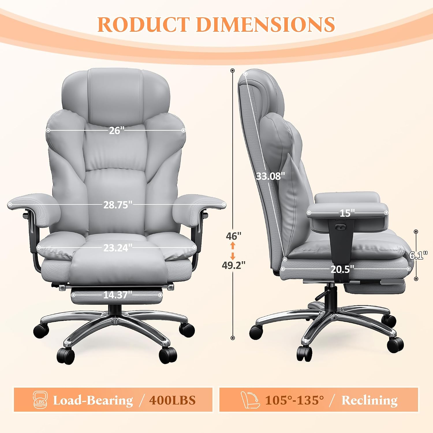 DurayLoly Office Chair with High Back,Big and Tall Executive Leather Office Chair with Foot Rest & Arms,Wide Reclining Desk Chair Ergonomic with Lumbar Support for Home Office,Grey