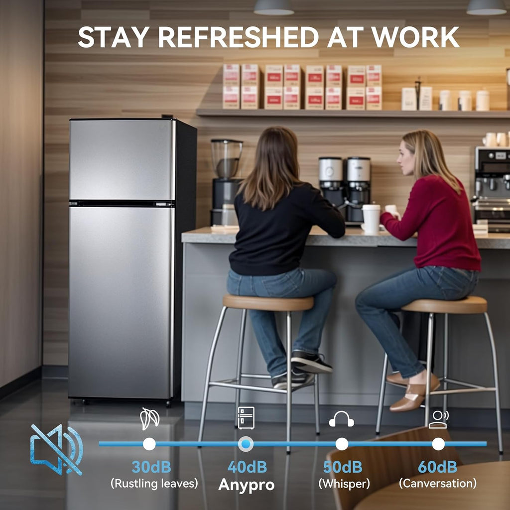 Anypro 4.0 Cu.Ft Fridge with Freezer, Double Door Refrigerator with 6 Level Thermostat, LED Light, Adjustable Glass Shelves for Bedroom, Office, Dorm, Apartment, Silver