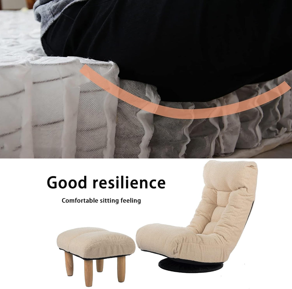 Swivel Lazy Floor Chair with Ottoman, Adjustable Reclining Floor Lounger with Back Support, Comfy Tatami Sofa Seat for Adults Bedroom & Gaming