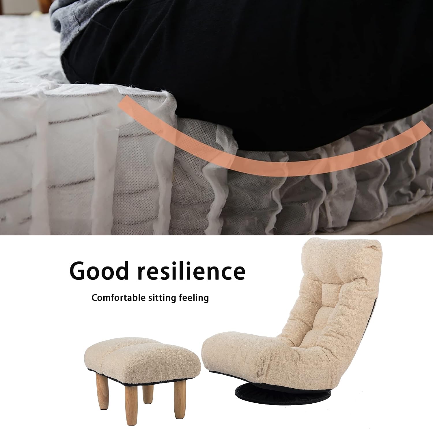 Swivel Lazy Floor Chair with Ottoman, Adjustable Reclining Floor Lounger with Back Support, Comfy Tatami Sofa Seat for Adults Bedroom & Gaming
