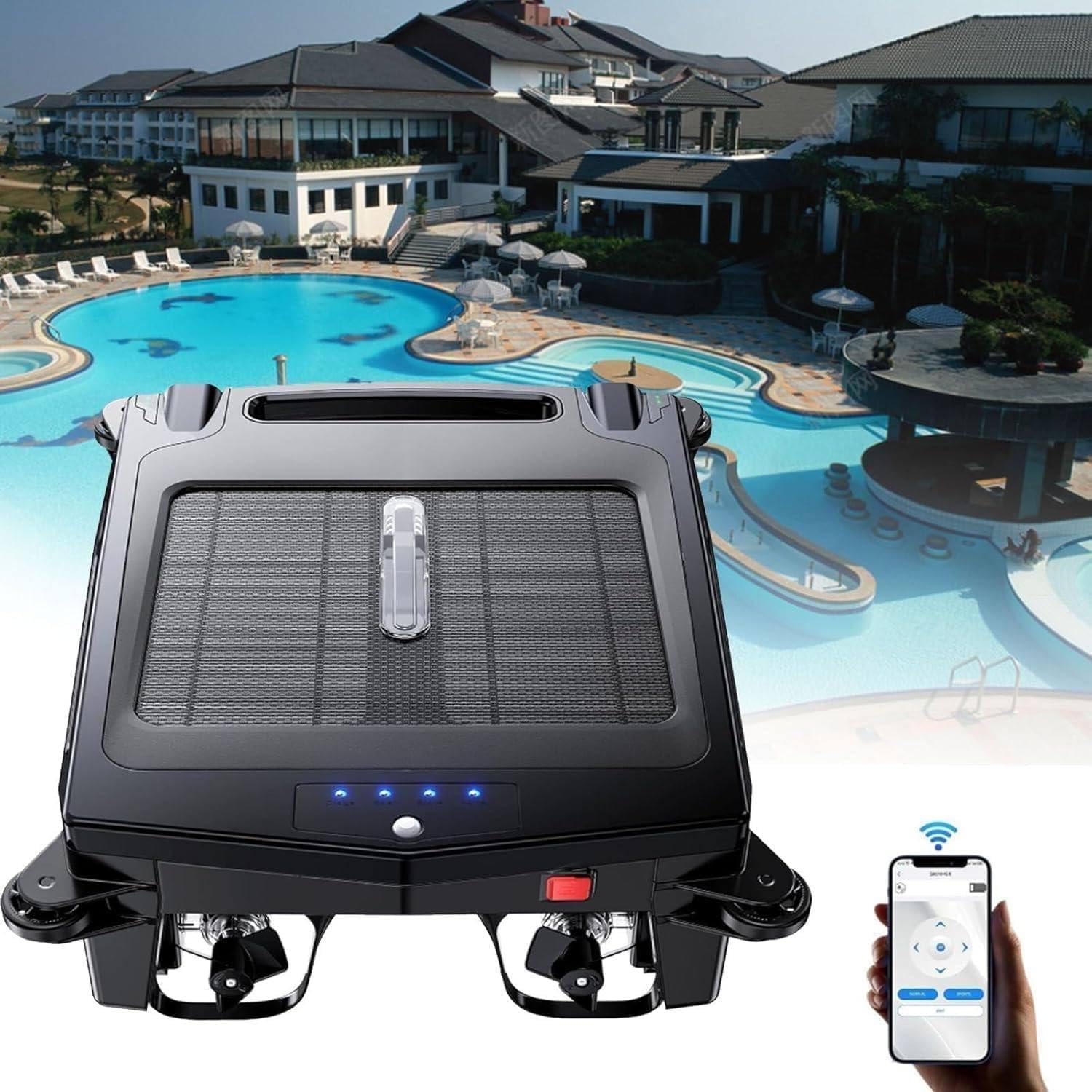 Solar Powered Robotic Pool Skimmer with Solar and Battery Dual Power Supply Mode, Dual Charging Options, 2 Speed Modes, Smart Obstacle Avoidance, Lasts 5h on Cloudy Day