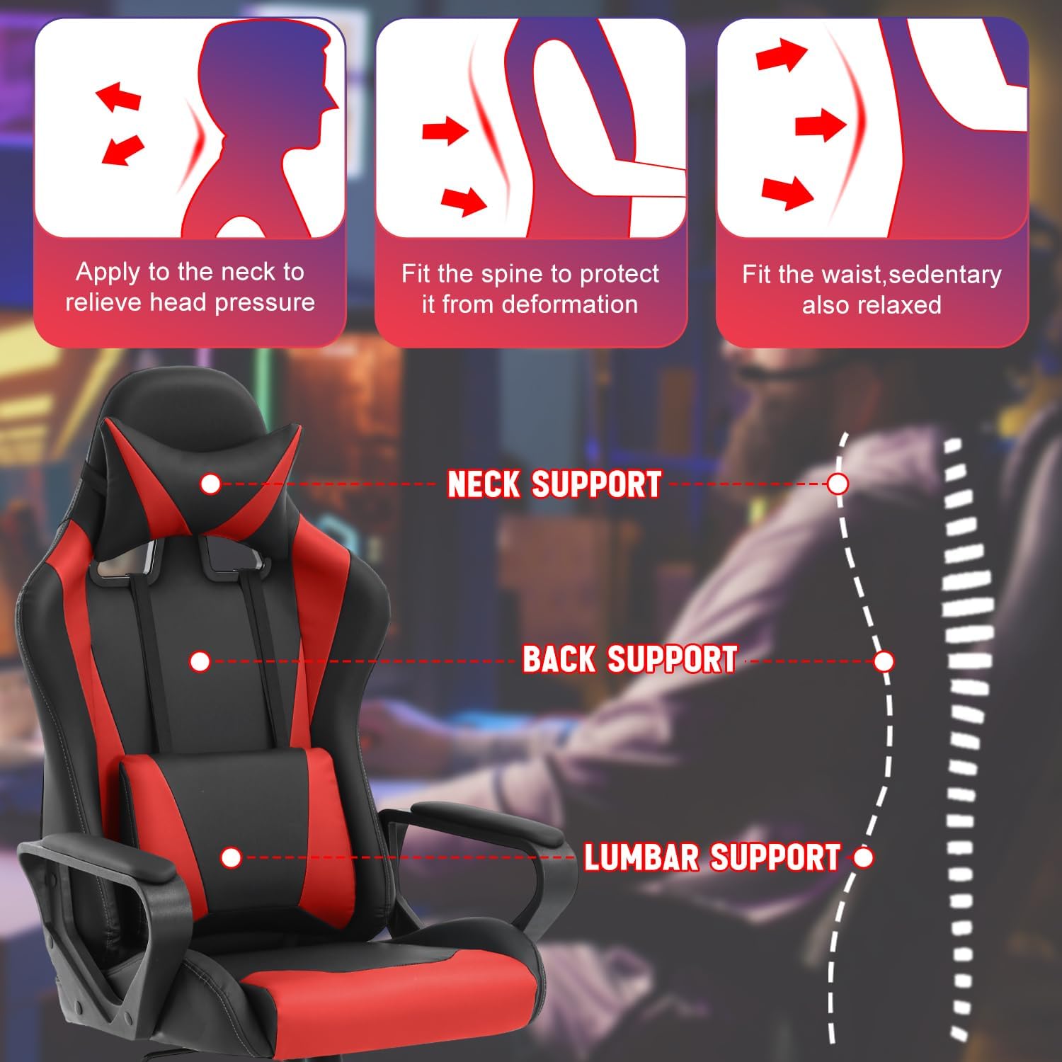 Dopinmin PU Leather Ergonomic Gaming Chair Esports Computer Chair Boss Chair with Lumbar Cushion and Retractable Footrest Video Game Chair for Streaming,RED