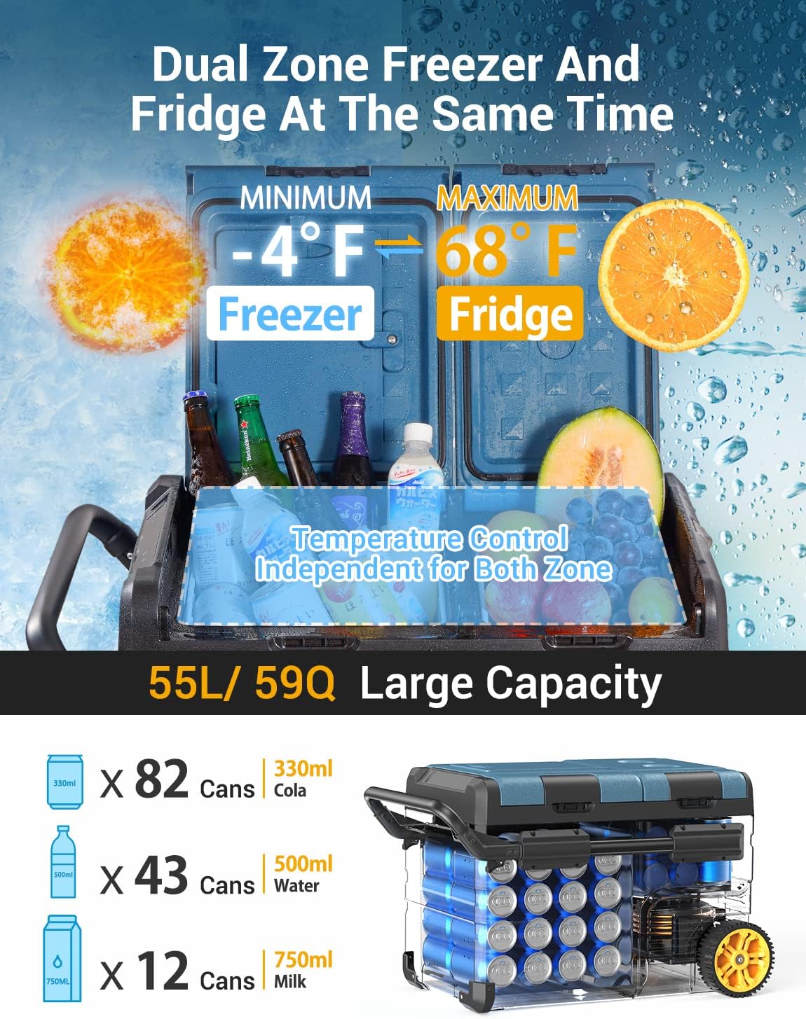 Rock&Rocker 12 Volt Car Refrigerator,59 Quart (55L) 12v Portable refrigerator,Car Fridge Freezer, -4℉-68 Car Cooler 12/24V DC and 100-240V AC for RV, Outdoor Camping APP Control