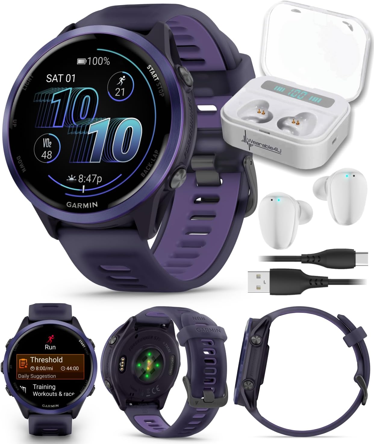 Garmin Forerunner 570 47mm Advanced GPS Running & Triathlon Smartwatch AMOLED Display, Training & Recovery, Indigo Aluminum w/Translucent Imperial Purple/Indigo Band w/ Wearable4U White EarBuds Bundle