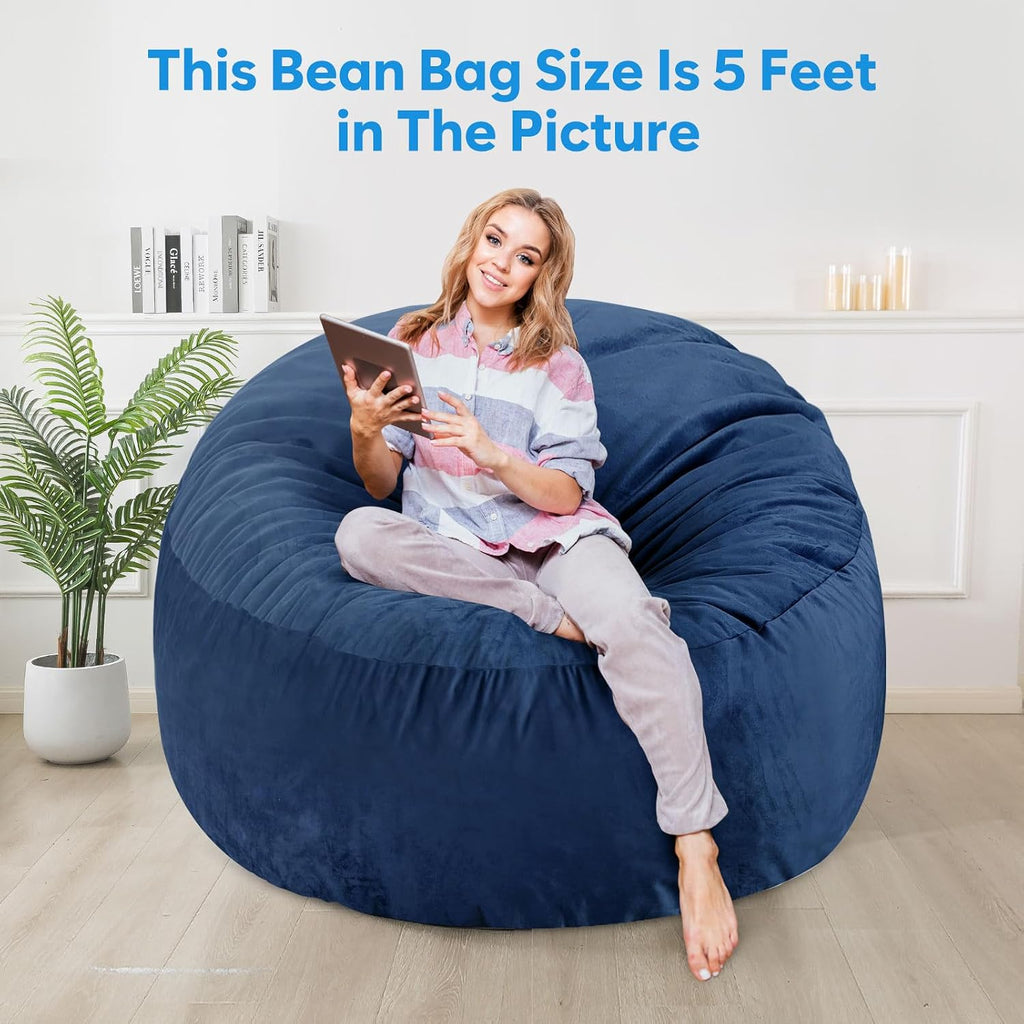 SHOUREN 5 Ft Bean Bag Chair,Memory Foam Bean Bag Chairs for Adults,Bean Bag Sofa for Living Room,Beanbag with Filler Included,Soft Velvet Fabric,Pull-Handle - 5 Foot,Navy