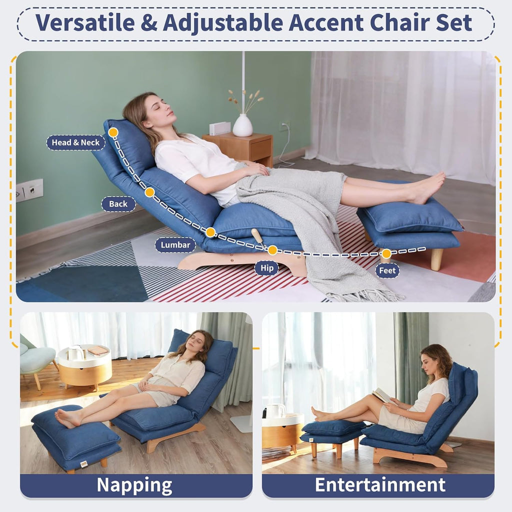 Dark Blue Lazy Floor Lounger with Ottoman, Adjustable Floor Chair Bean Bag Style Tatami Sofa with Thick Cushions and Back Support, Comfy Lounge Seating for Adults, Gaming & Bedroom Relaxation