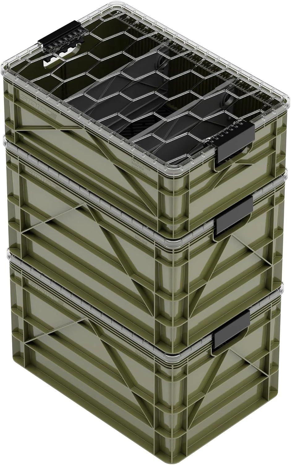 SIDIO Crate Pro Pack - 2 Full-Size & 1 Half-Size Heavy Duty Stackable Storage Bins, Totes and Containers with Lids and Dividers - Durable Plastic Organizer for Home, Office, Garage, and Outdoor Use