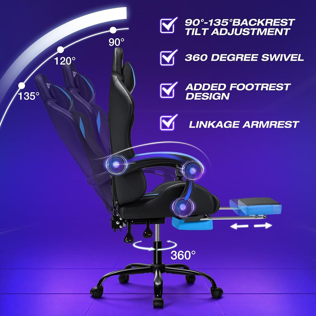 HOFFREE Gaming Chair with Massage and LED Lights Ergonomic Video Game Chairs with Footrest High Back Reclining Computer Chair with Adjustable Lumbar Support Blue and Black