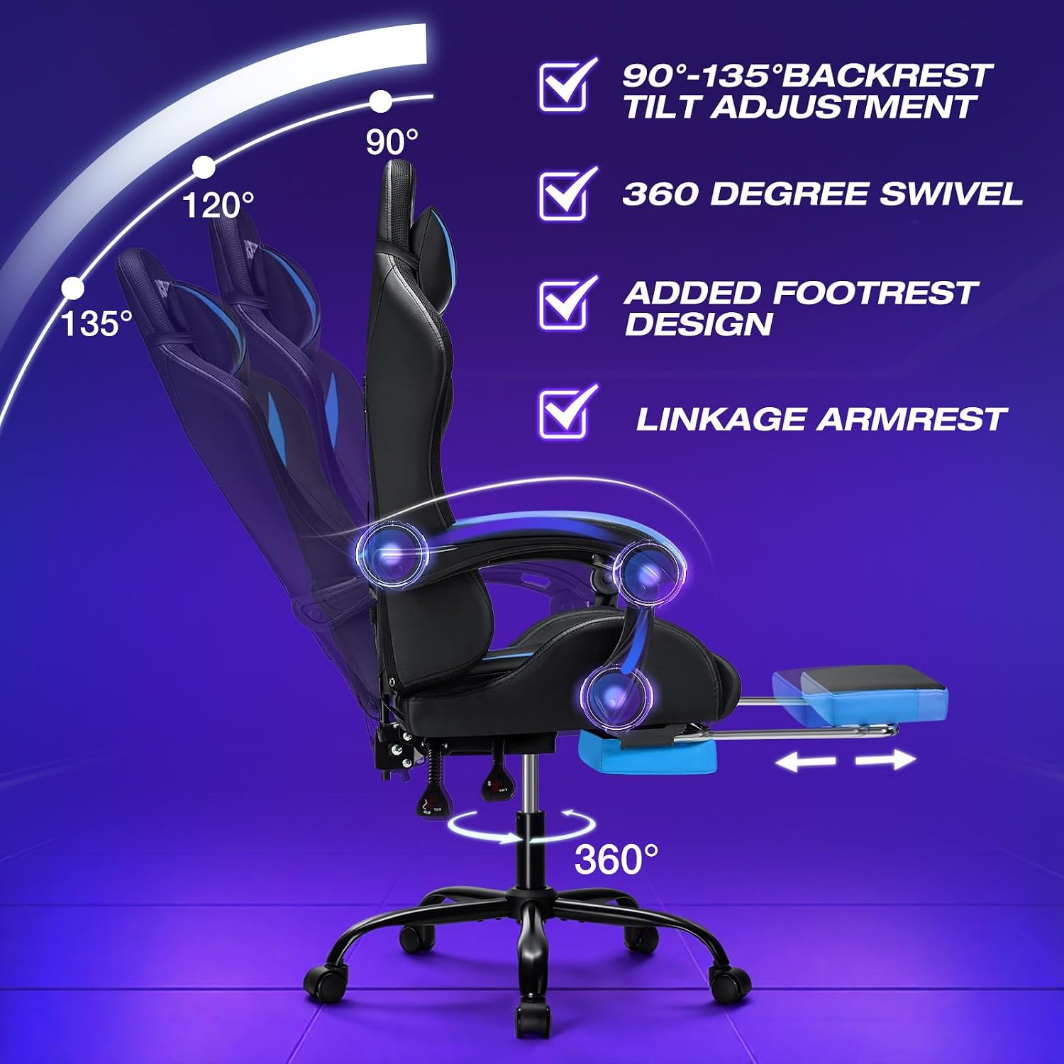 HOFFREE Gaming Chair with Massage and LED Lights Ergonomic Video Game Chairs with Footrest High Back Reclining Computer Chair with Adjustable Lumbar Support Blue and Black