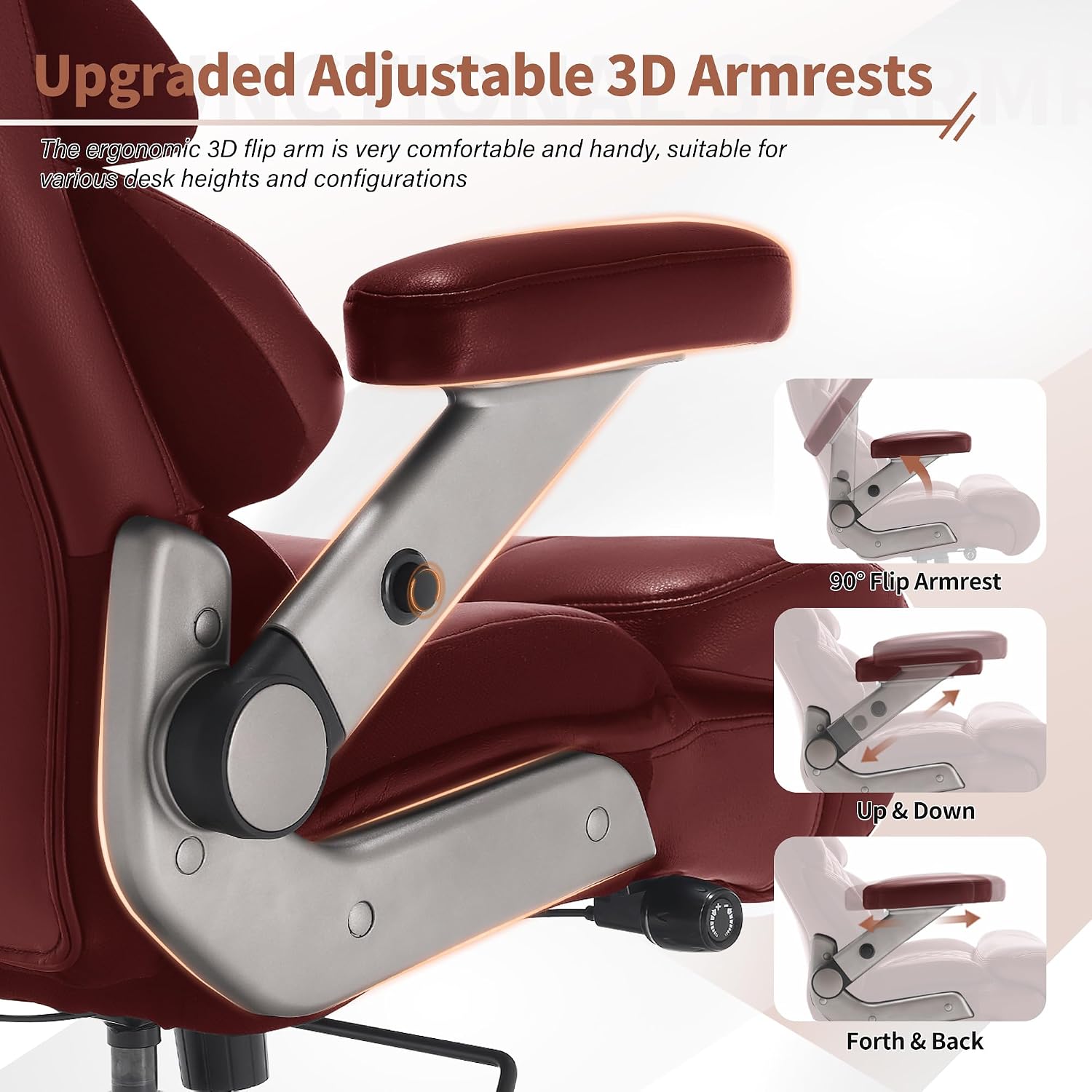 VUZI 700lbs Big and Tall Office Chair-Large Computer Chair with Adjustable Lumbar Support 3D Flip Arms Plus Size Wheels, High Back Executive Desk Chair, Heavy Duty Metal Base, Thick Padded Wide Seat