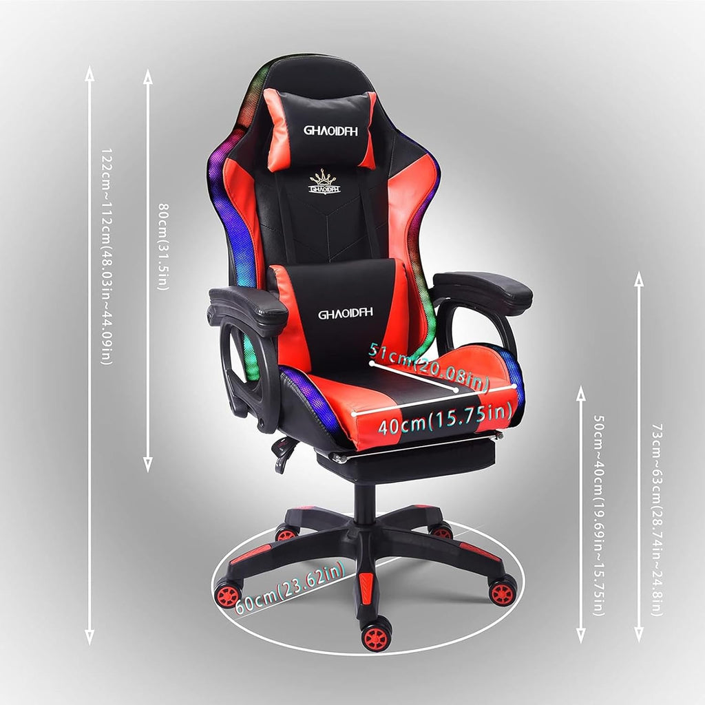 Video Gaming Chair with Footrest,Game Chair with Bluetooth Speakers,Computer Chair with LED Lights,Ergonomic Massage Gaming Chair with Massage Function,360°Swivel 90°-135° Adjustment Backrest (red)