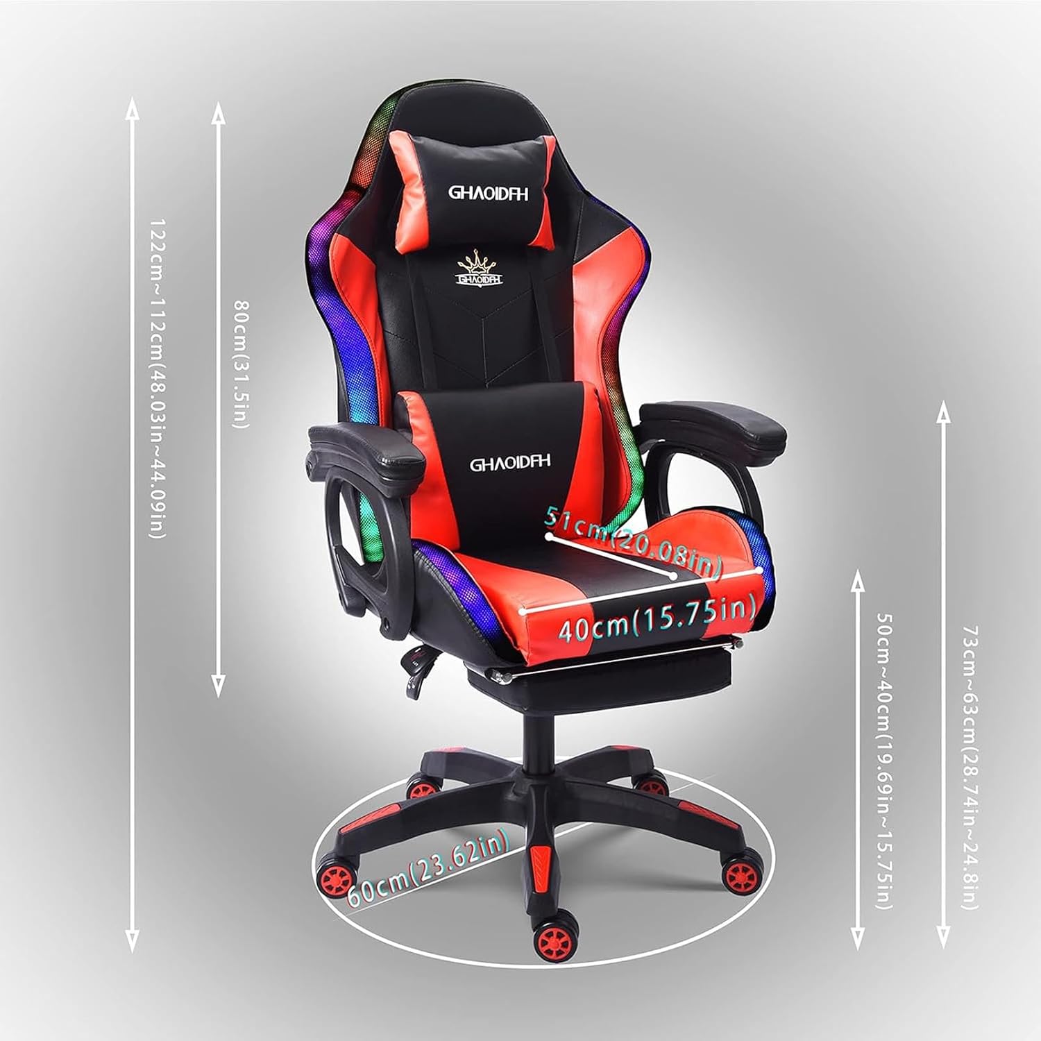 Video Gaming Chair with Footrest,Game Chair with Bluetooth Speakers,Computer Chair with LED Lights,Ergonomic Massage Gaming Chair with Massage Function,360°Swivel 90°-135° Adjustment Backrest (red)