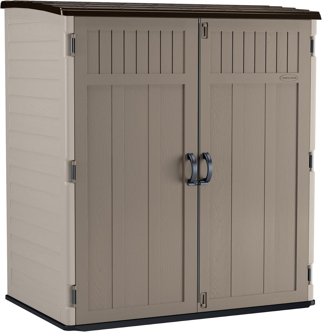 Suncast Extra-Large Vertical Storage Shed for Yard Storage, All-Weather Outdoor Storage Shed with 2 Lockable Doors, 70.5' W x 44.25' D x 77.5' H, Sand