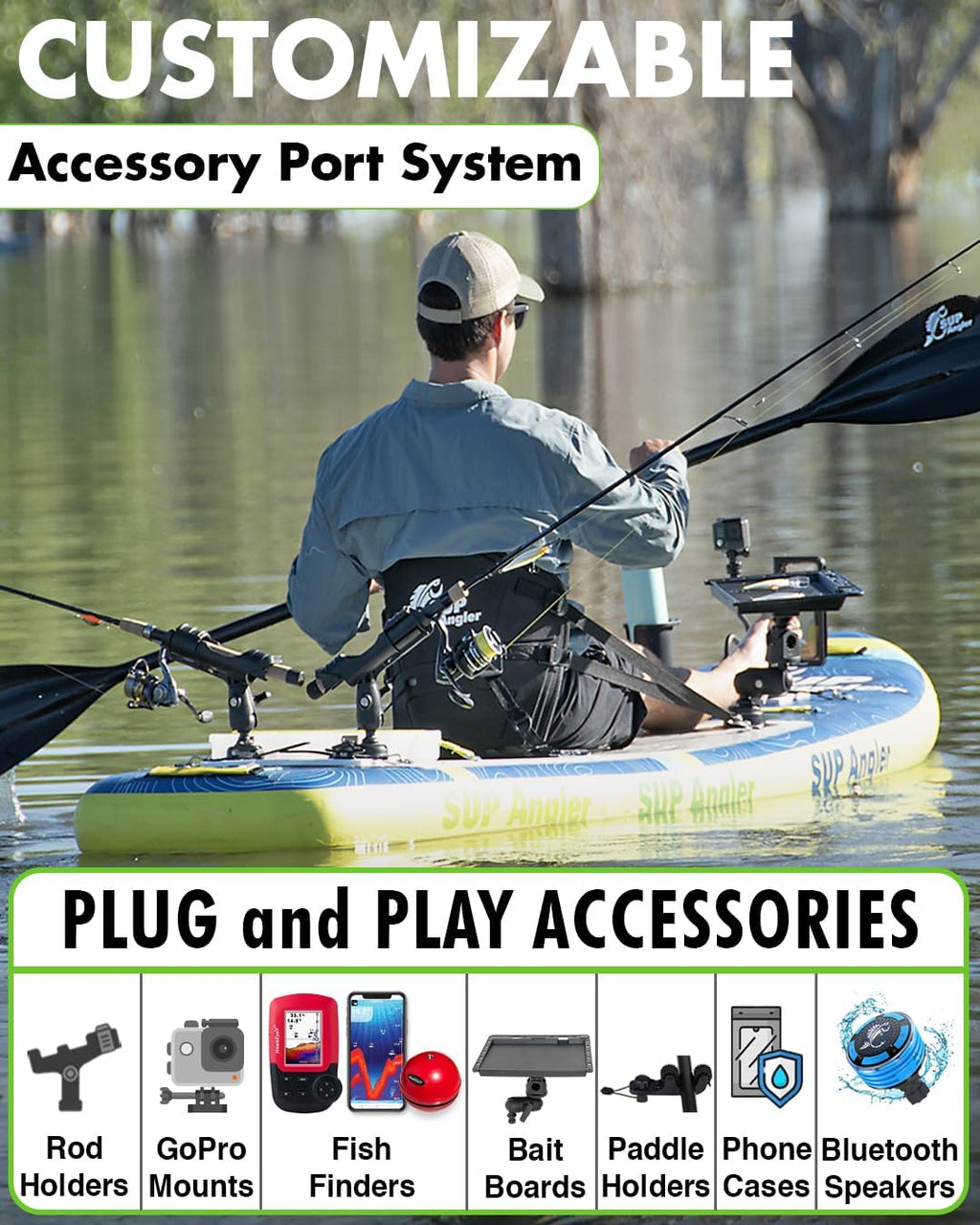 SUP Angler X-Wide Inflatable Fishing Paddle Board with Seat, Choose Accessories Package, Adjustable Fishing Rod Holders, Accessory Ports, Dual Paddle, Quad Bungees, 10'8' X 35'