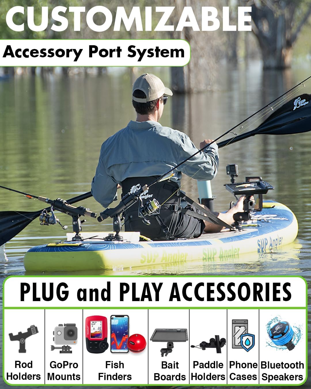 SUP Angler X-Wide Inflatable Fishing Paddle Board with Seat, Choose Accessories Package, Adjustable Fishing Rod Holders, Accessory Ports, Dual Paddle, Quad Bungees, 10'8' X 35'
