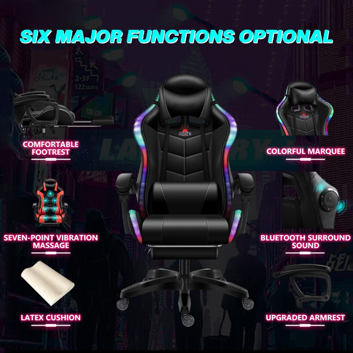 Massage Gaming Chair with Speakers, Ergonomic Recliner Computer Desk Chair, High Back PU Leather Office Chair Adjustable Swivel Reclining Chair with Lumbar Support and Footrest,Red