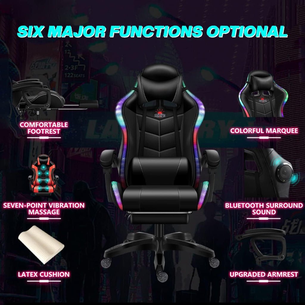 RGB Gaming Chair with Speakers and Footrest, Ergonomic High Back PC Game Chair with Massage Lumbar and Adjustable Armrest, Swivel Racing Chair PU Leather Computer Chairs,Red
