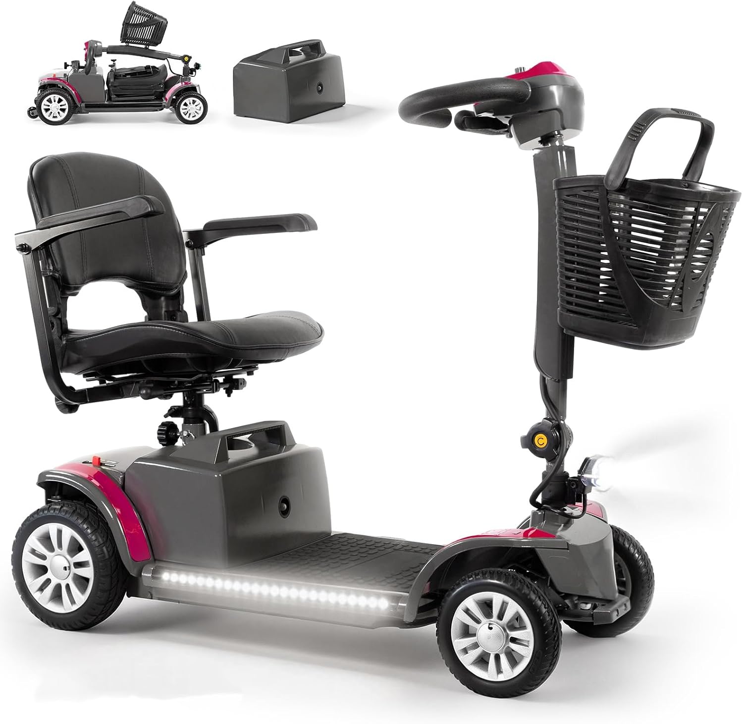 Mobility Scooter for Adults Senior,4 Wheels Electric Powered Scooter,Lightweight Mobility Scooter,with LED Headlights and Basket,Charger Included, Detachable Battery and Rotatable Seat (Grey-Purple)