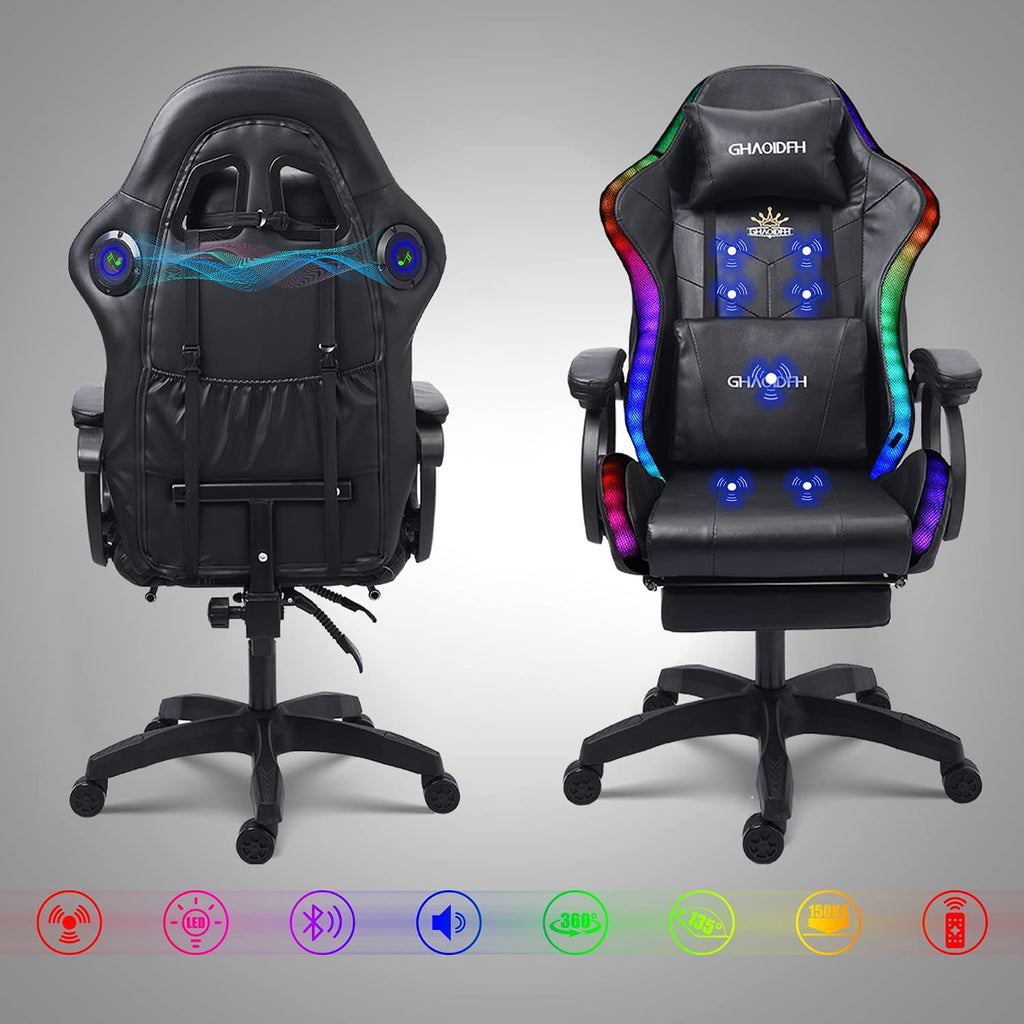 Gaming Chair with Massage and Footrest, Ergonomic Computer Chair, Video Gaming Chair with Speakers and LED Lighting, High Back Racing Chair with Headrest and Lumbar Pillow.,Pink