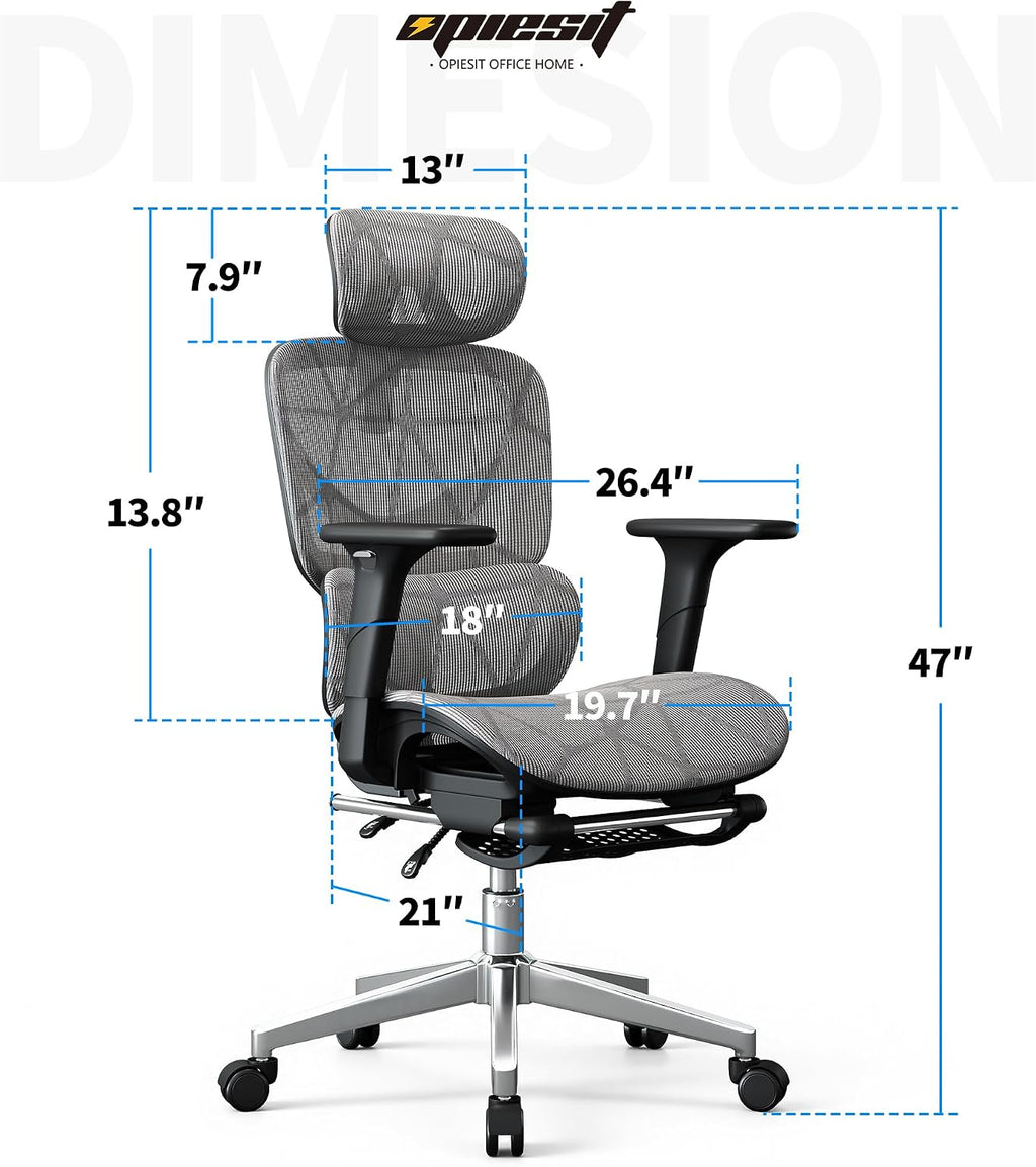 Opiesit Office Chair with 3D Adjustable Lumbar Support,Ergonomic Computer Chair,Adjustable Headrest and Armrests, 400lbs Capacity,Tilt-Swivel,Premium Mesh Desk Chair for Office,Home & Gaming (Grey)